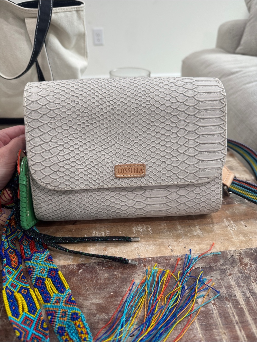 Consuela Cream Textured Crossbody with Colorful Woven Strap - Picture 6 of 7